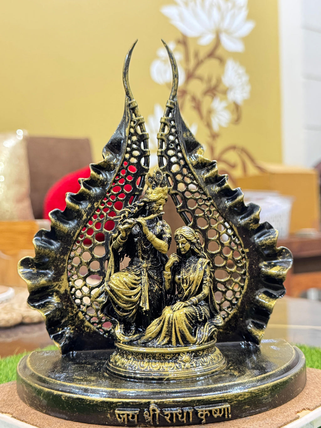 Divine Radha Krishna Idol with Elegant Leaf Arch – Premium Antique Black & Gold Finish Spiritual Home Décor | Jai Shri Radhe Krishna Murti