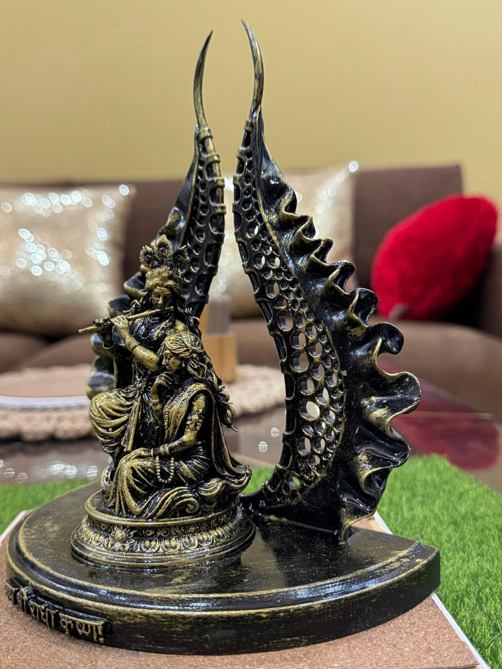 Divine Radha Krishna Idol with Elegant Leaf Arch – Premium Antique Black & Gold Finish Spiritual Home Décor | Jai Shri Radhe Krishna Murti