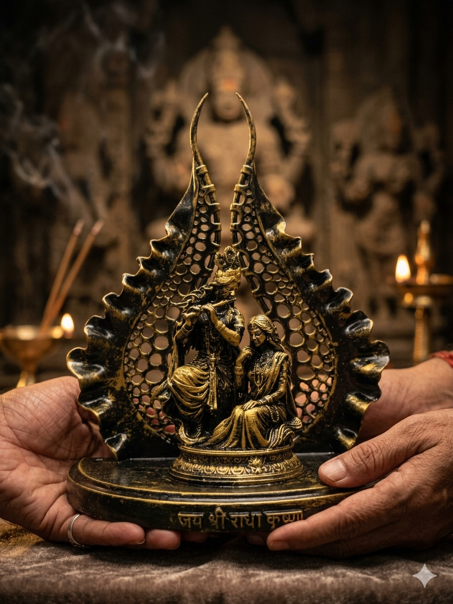 Divine Radha Krishna Idol with Elegant Leaf Arch – Premium Antique Black & Gold Finish Spiritual Home Décor | Jai Shri Radhe Krishna Murti