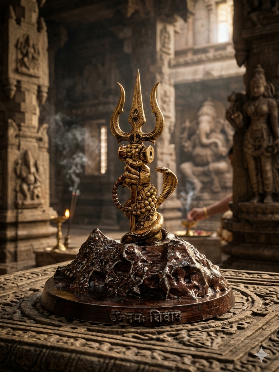 Divine Lord Shiva Trishul Dashboard Idol with Damru & Vasuki – Premium Antique Finish “Om Namah Shivaya” Car Dashboard & Home Décor