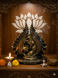 Divine Radha Krishna Idol with Elegant Leaf Arch – Premium Antique Black & Gold Finish Spiritual Home Décor | Jai Shri Radhe Krishna Murti