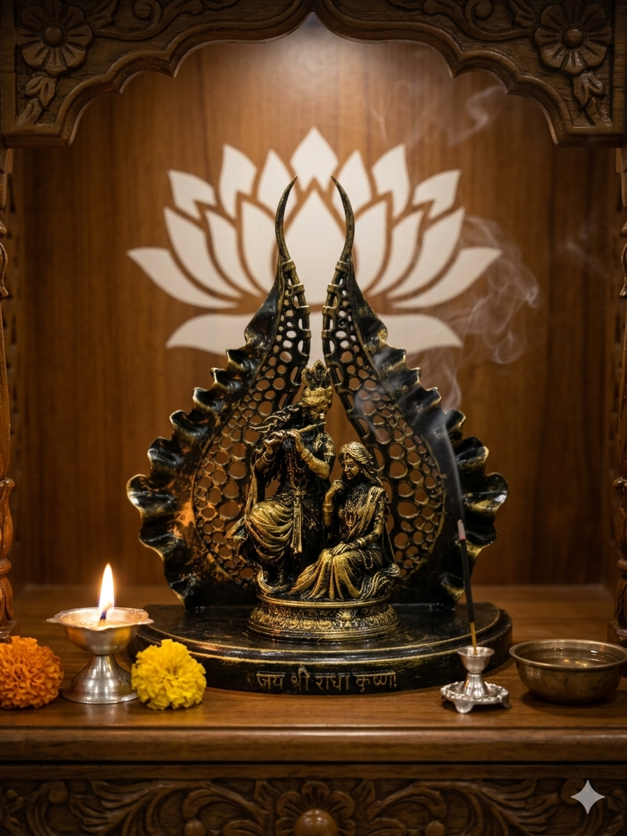 Divine Radha Krishna Idol with Elegant Leaf Arch – Premium Antique Black & Gold Finish Spiritual Home Décor | Jai Shri Radhe Krishna Murti