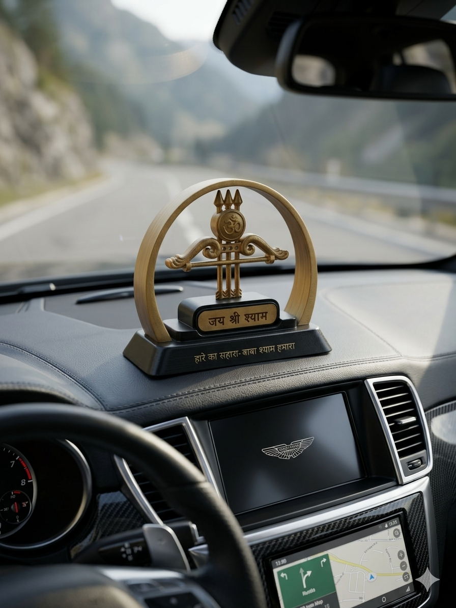 Jai Shri Shyam Car Dashboard Idol – Premium Khatu Shyam Ji Symbol with Om & Trishul | Spiritual Dashboard Accessory for Car, Home & Office