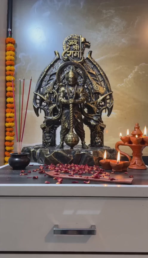 Divine Lord Hanuman Idol with “Jai Shree Ram” Arch – Premium Antique Finish Decorative Murti | Spiritual Home & Office Décor